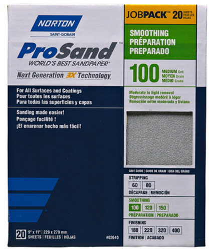 Norton Abrasive Paper, ProSand High Performance, Aluminum Oxide/Open Coat, 9" x 11", 100 Grit, pkg/20