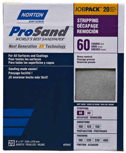 Norton Abrasive Paper, ProSand High Performance, Aluminum Oxide/Open Coat, 9" x 11", 60 Grit, pkg/20