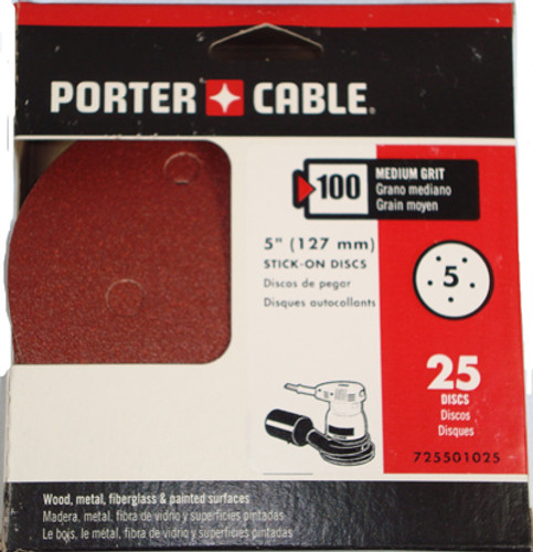 Porter Cable Abrasive Paper, 180 Grit Sanding Disc, Hook & Loop Backed, 5" Dia, 5 Hole, pkg/25