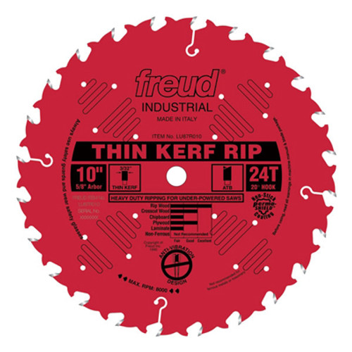 Freud Thin Kerf Carbide Tipped Saw Blade, 10" Dia., 5/8" Arbor, 24 Teeth