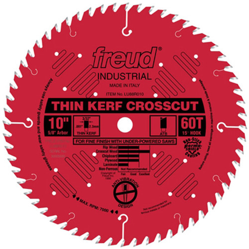 Freud Thin Kerf Carbide Tipped Circular Saw Blade, 10" Dia, 60 Teeth, 5/8" Arbor, 60 Teeth