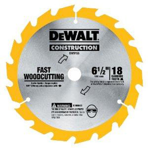 DeWalt Carbide Saw Blade - 6-1/2" Dia, 18 Teeth, 5/8" Arbor