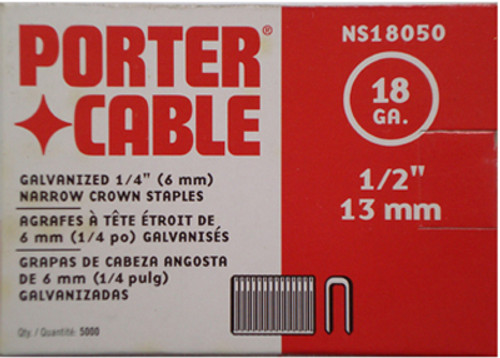 Porter Cable Narrow Crown Staples, 18GA, 1/4" Crown Staples, 1/2"L, Box/5000