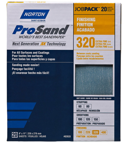 Norton Abrasive Paper, ProSand High Performance, Aluminum Oxide/Open Coat, 9" x 11", 320 Grit, pkg/20