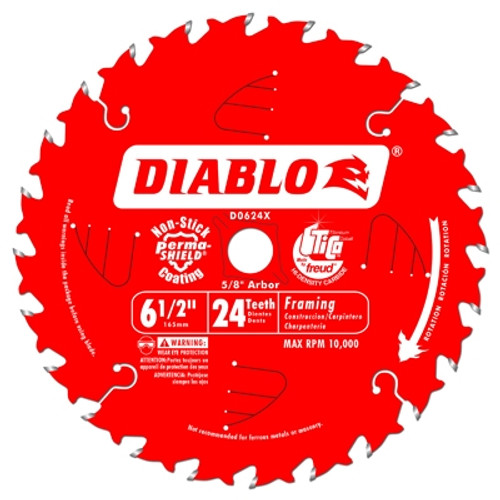 Diablo Thin Kerf Carbide Tipped Saw Blade, 6-1/2" Dia, 5/8" Arbor, 24 Teeth