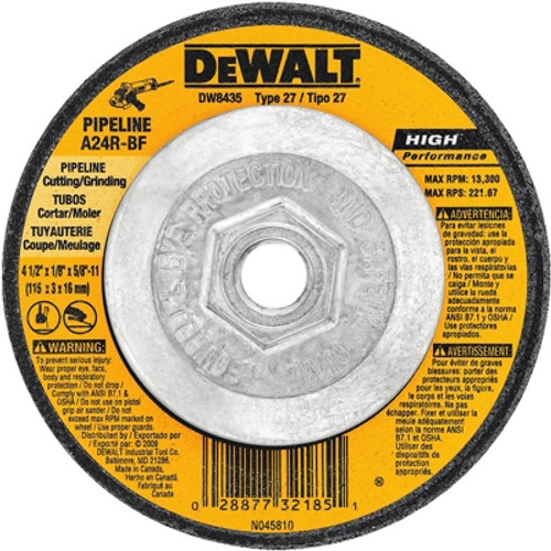 DeWalt Type 27 Metal Grinding Wheel - With Hub (Threaded) - 4-1/2" x 1/8", 5/8"-11 Arbor, A24R Grit, 13,300 Max RMP