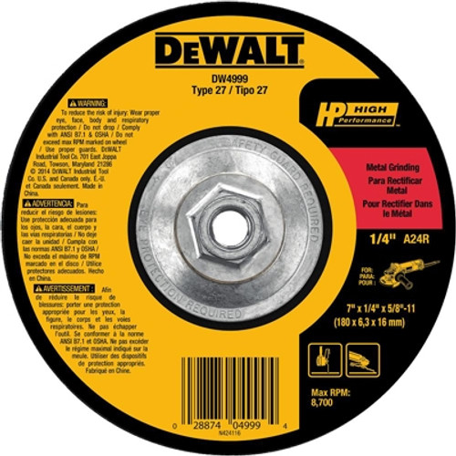 DeWalt Type 27 Metal Grinding Wheel - With Hub (Threaded) - 7" x 1/4", 5/8"-11 Arbor, A24R Grit, 8,700 Max RMP