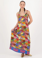 ME369 Love Allison sleeveless midi tank dress in Twisted Love print, featuring colorful flowers on the front, wavy horizontal stripes on the back, and "YEAH! YEAH! YEAH!" along the hemline.
