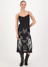 ME369 Magic Dorothy black camisole dress with spaghetti straps, featuring tigers, snakes, flowers, and moons in the Black Magic print, with a long snake design on the back.