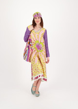  ME369 Love Violet long-sleeve V-neck T-dress with retro-inspired graphics, symbolic motifs, side slits, and a flowing silhouette.