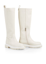 Marc Cain Bright Ecru Grained Calfskin High Boot, Chunky Treaded Sole, Zip Fastener, Shiny Logo Print, Close-Fitting Shape.