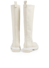 Marc Cain Bright Ecru Grained Calfskin High Boot, Chunky Treaded Sole, Zip Fastener, Shiny Logo Print, Close-Fitting Shape.
