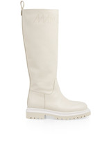 Marc Cain Bright Ecru Grained Calfskin High Boot, Chunky Treaded Sole, Zip Fastener, Shiny Logo Print, Close-Fitting Shape.