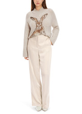 Marc Cain Smoke Wukari High Waist Trousers, Wide Leg, Flared, Front Pleats, Side Slit Pockets, Stretchy Matte Fabric.