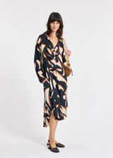 LAUREN VIDAL Graphic Long Loose Viscose Dress With Shirt Collar And V-Neck Pleat | CELIA