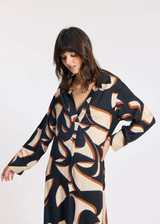 LAUREN VIDAL Graphic Long Loose Viscose Dress With Shirt Collar And V-Neck Pleat | CELIA LAUREN VIDAL Graphic Long Loose Viscose Dress With Shirt Collar And V-Neck Pleat | CELIA