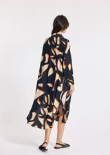 LAUREN VIDAL Graphic Long Loose Viscose Dress With Shirt Collar And V-Neck Pleat | CELIA LAUREN VIDAL Graphic Long Loose Viscose Dress With Shirt Collar And V-Neck Pleat | CELIA