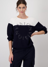 MONARI Blue Colour Block Jumper With Purl Stitch Pattern | 409242 MONARI Blue Colour Block Jumper With Purl Stitch Pattern | 409242