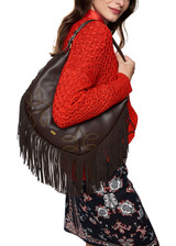 MARC CAIN COLLECTIONS Dark Wood Hobo Bag With Studs And Fringing | AC TK.01 L19