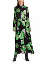 MARC CAIN Bold Floral Print Dress In Green And Black With A Belted Waist.