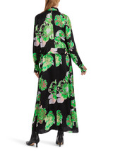 MARC CAIN Bold Floral Print Dress In Green And Black With A Belted Waist.