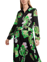 MARC CAIN Bold Floral Print Dress In Green And Black With A Belted Waist.