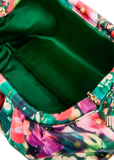 MARC CAIN Deep Moss Floral Print Satin Clutch Bag