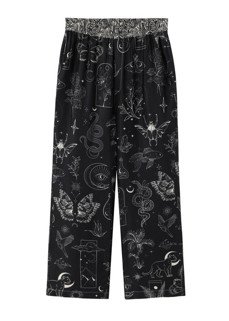  ME369 Magic Bailey Straight Leg Track Pant in Black Magic print with butterflies, panthers, snakes, and moons. Features elastic waist, side and back pockets.