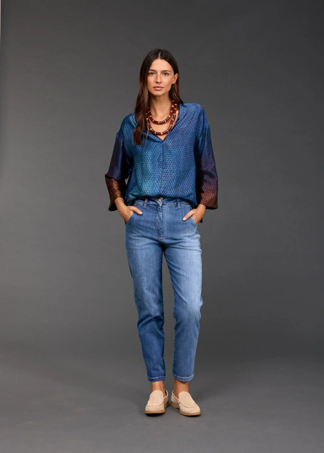 LAUREN VIDAL Sunday Printed Flared Silk Top, V-Neck, 3/4 Sleeves, Gradient Print.