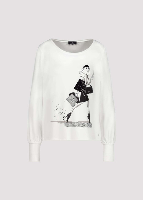 Monari Off-White Shirt with Women Sketch Print and Rhinestone Accents.