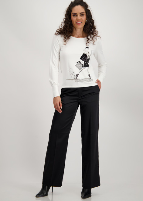 Monari Off-White Shirt with Women Sketch Print and Rhinestone Accents.