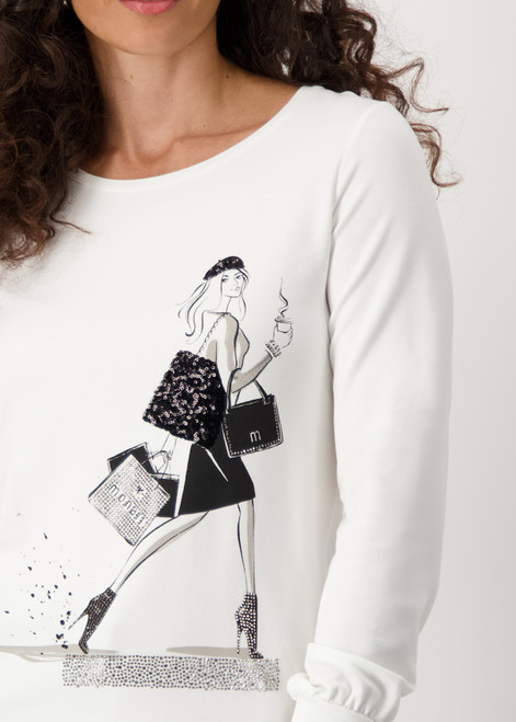Monari Off-White Shirt with Women Sketch Print and Rhinestone Accents.