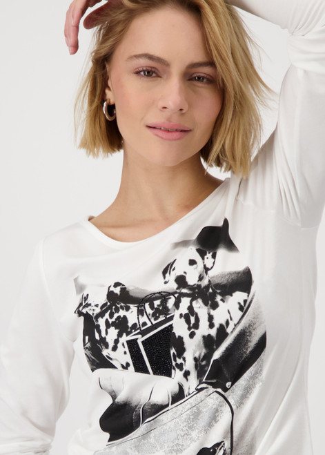Monari Off-White Shirt with Dalmatian Print and Sparkling Rhinestones. Monari Off-White Shirt with Dalmatian Print and Sparkling Rhinestones.