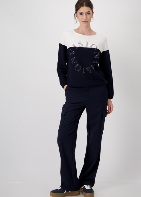 MONARI Blue Colour Block Jumper With Purl Stitch Pattern | 409242