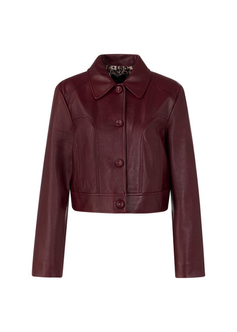 MARC CAIN COLLECTIONS Bright Maroon Short Leather Jacket With Collar | ZC 31.01 L01