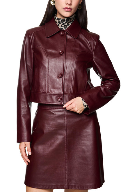 MARC CAIN COLLECTIONS Bright Maroon Short Leather Jacket With Collar | ZC 31.01 L01
