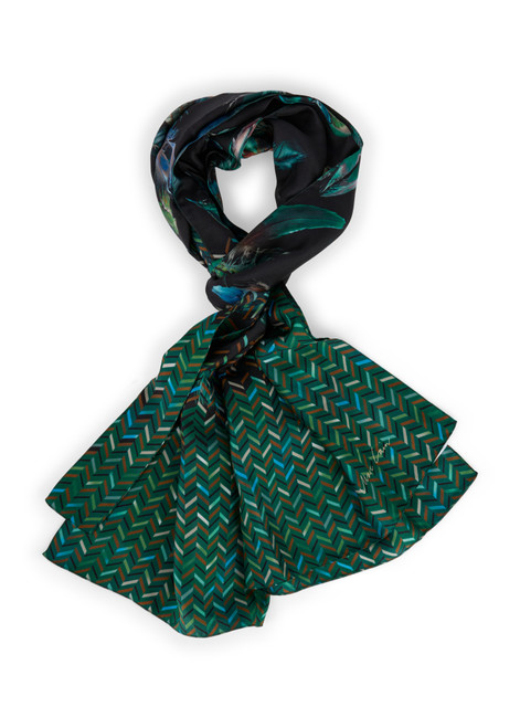 MARC CAIN COLLECTIONS Dark Jade Green Silk Scarf With Print Mix | ZC B4.15 Z44