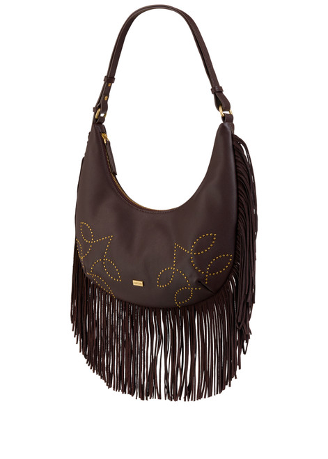 MARC CAIN COLLECTIONS Dark Wood Hobo Bag With Studs And Fringing | AC TK.01 L19