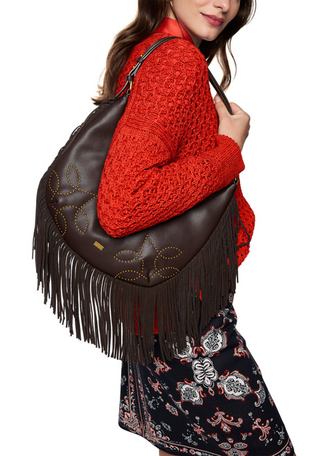 MARC CAIN COLLECTIONS Dark Wood Hobo Bag With Studs And Fringing | AC TK.01 L19
