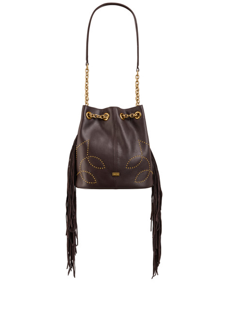 MARC CAIN COLLECTIONS Dark Wood Bucket Bag With Studs And Fringing | AC T8.01 L19