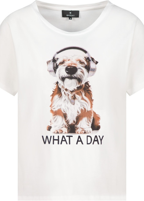 MONARI White T-Shirt With Dog Print And Rhinestones | 410593