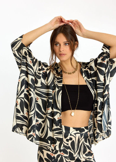LAUREN VIDAL Black and Cream Botanical Silk-Blend Blouse | MONTIEL