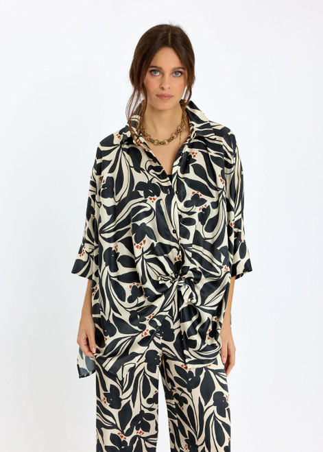 LAUREN VIDAL Black and Cream Botanical Silk-Blend Blouse | MONTIEL