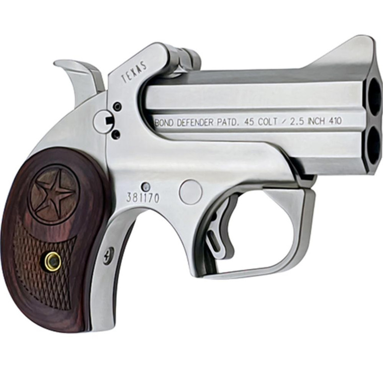 Bond Arms Texas Defender Handgun 2/rd Capacity .45LC/.410 3" Barrel Silver with Rosewood Grip