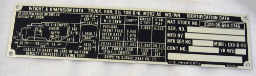 Weight & Dimension  Truck Van 2 1/2 Ton 6 x6 Data Plate