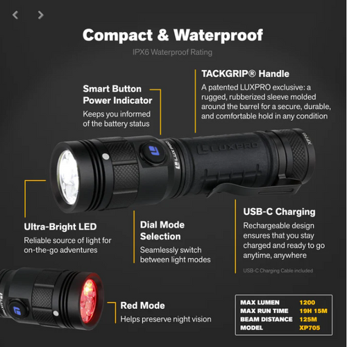 Luxpro Rechargeable Pro Series 1200 Lumen Flashlight Plus Red