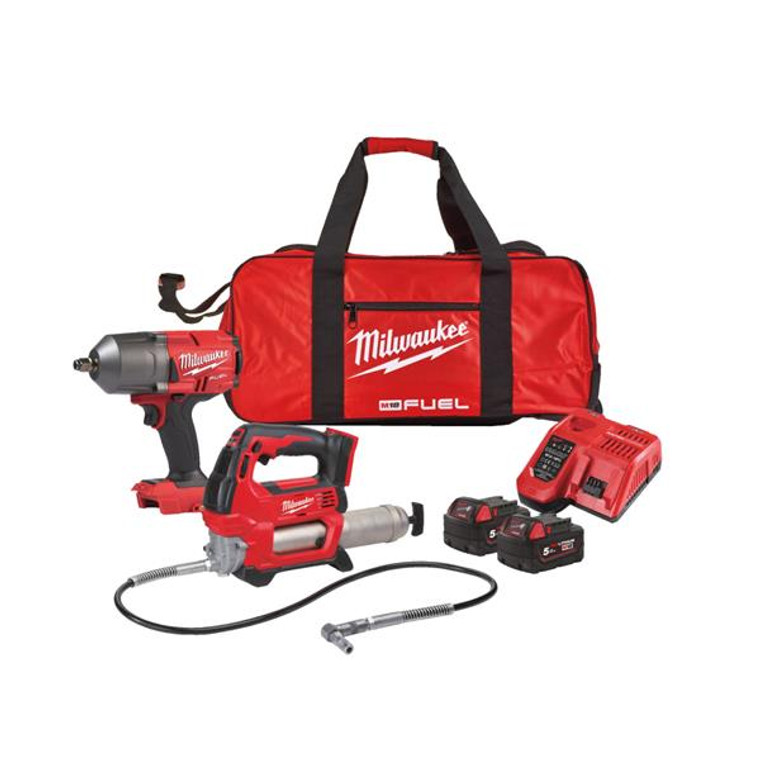 Milwaukee M18FPP2AI-502B 18V Impact Wrench & Grease Gun Powerpack 2x5.0Ah | Buy Online at Munsterauto.ie