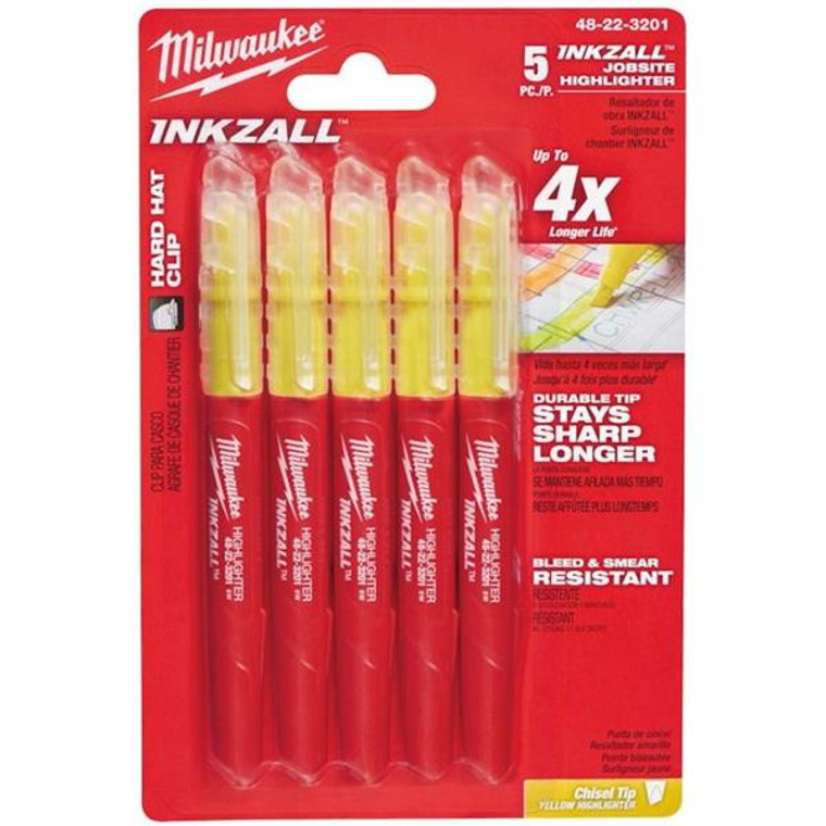 MILWAUKEE INKZALL Jobsite Yellow Highlighter Set 5 Pack | Buy Online at Munsterauto.ie