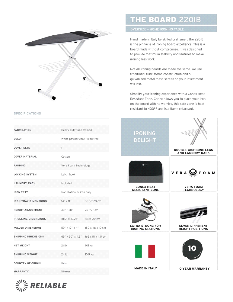 Reliable 220IB Home Ironing Board with Vera Foam Cover