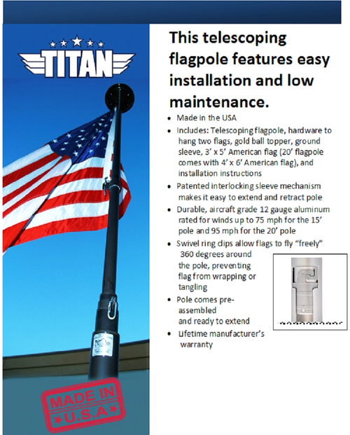 15' Telescoping Silver TITAN Flagpole w/ Flag